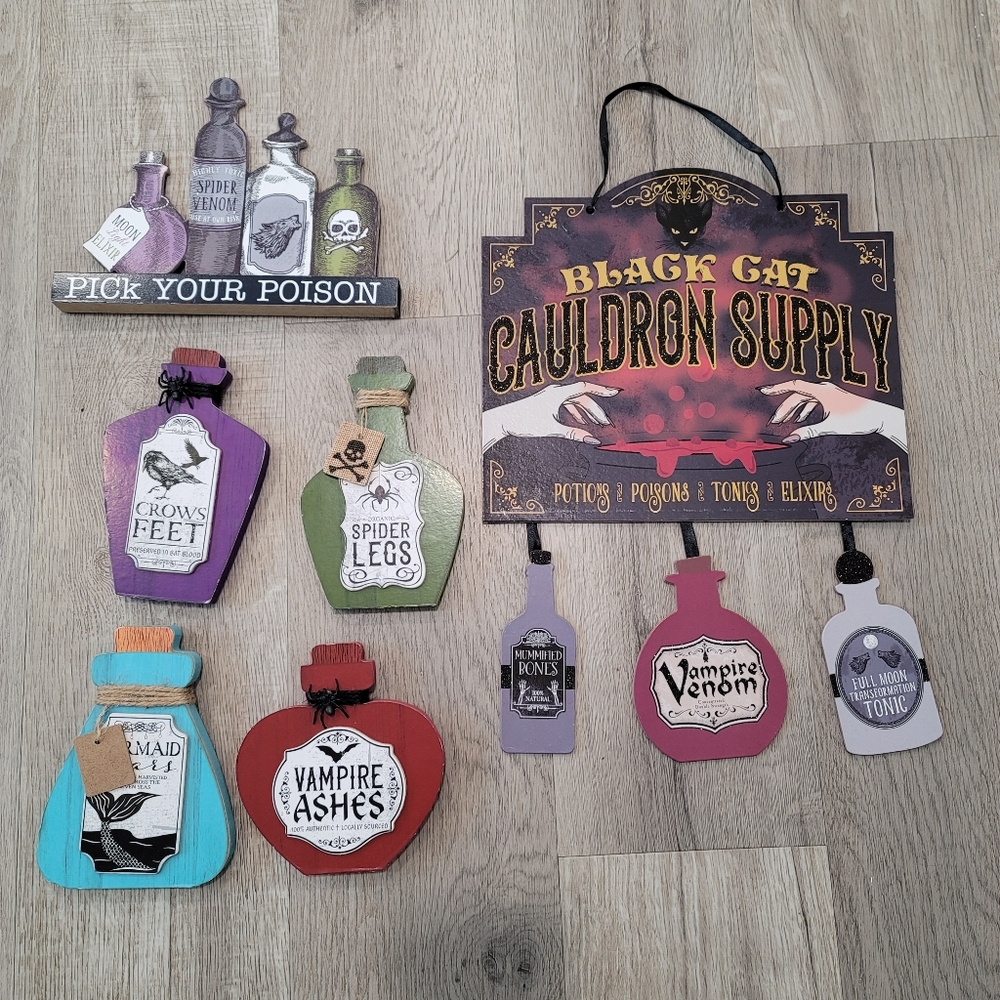 Halloween potion decorations. Wooden potion wooden signs. Witch hocus pocus